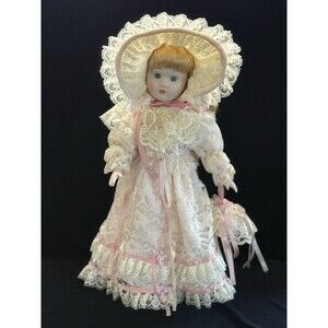 Porcelain Doll Lace Dress and White Bonnet Blue Eyes Strawberry Blonde